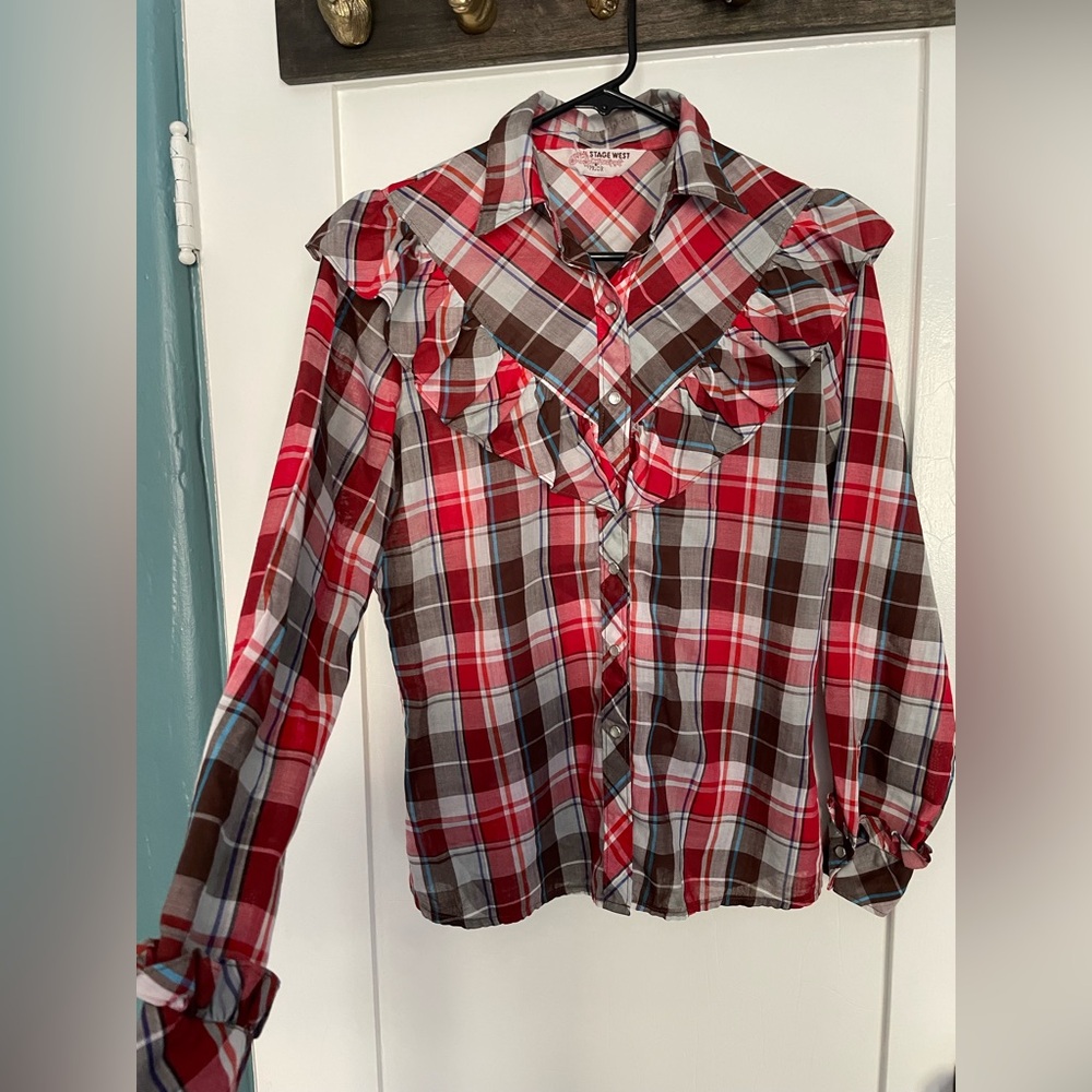 Vintage Stage West by Prior Western Plaid Button Down Shirt with Ruffle Detail